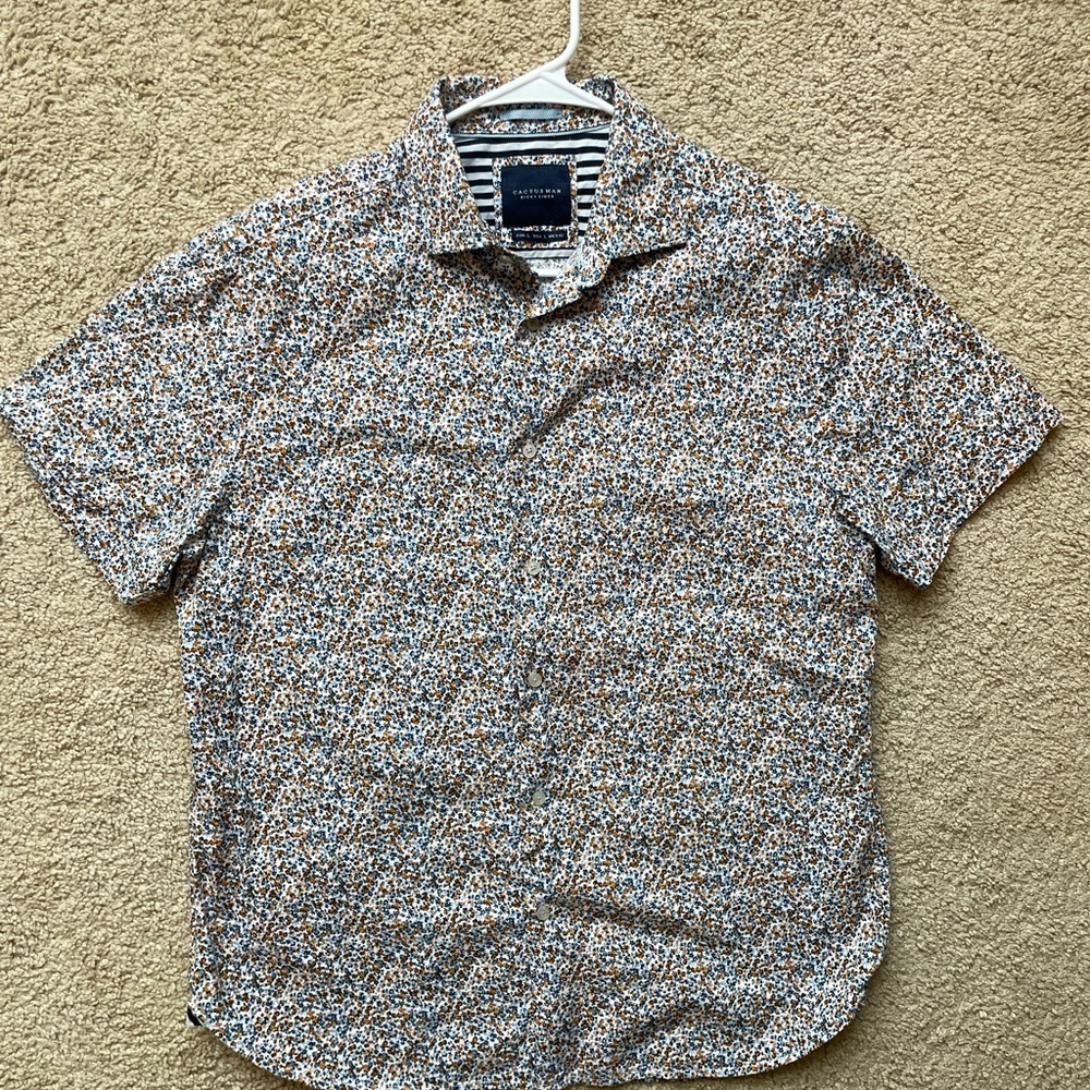 Cactus Man Floral Button-Up Shirt Large 100% Cotton Blue Orange